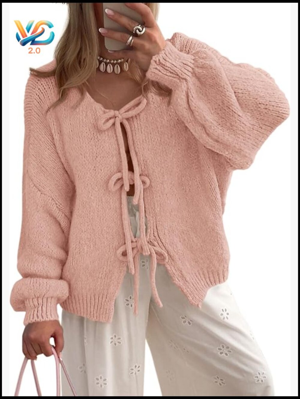 Chunky Knit Tie Front Bow Cardigan Long Puff Sleeve Fall Winter Jacket